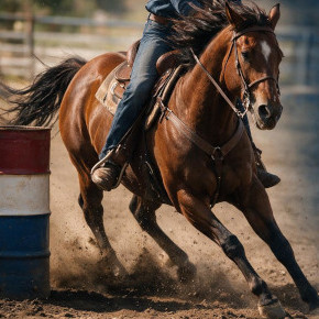 Horse and rider rounding a barrel during a gymkhana event